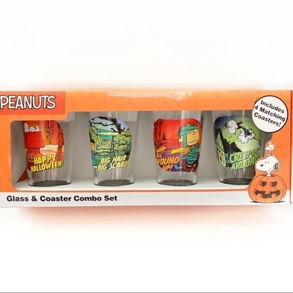 Peanuts Halloween Pint Size 16 oz Glasses with Coasters Colorful Scenes Set of 4